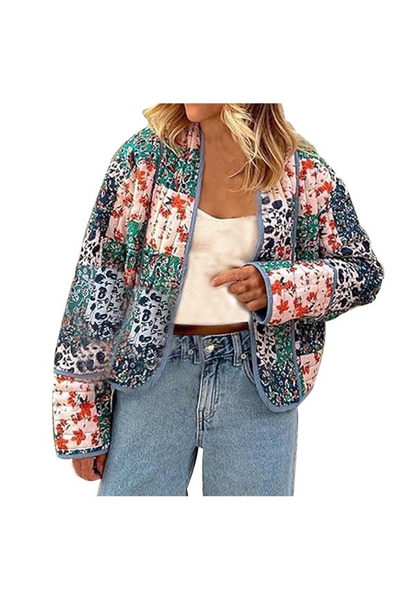 Womens Fall Fashion Floral Quilted Jackets Cropped Reversible Open Front Lightweight Short Padded Puffer Coat