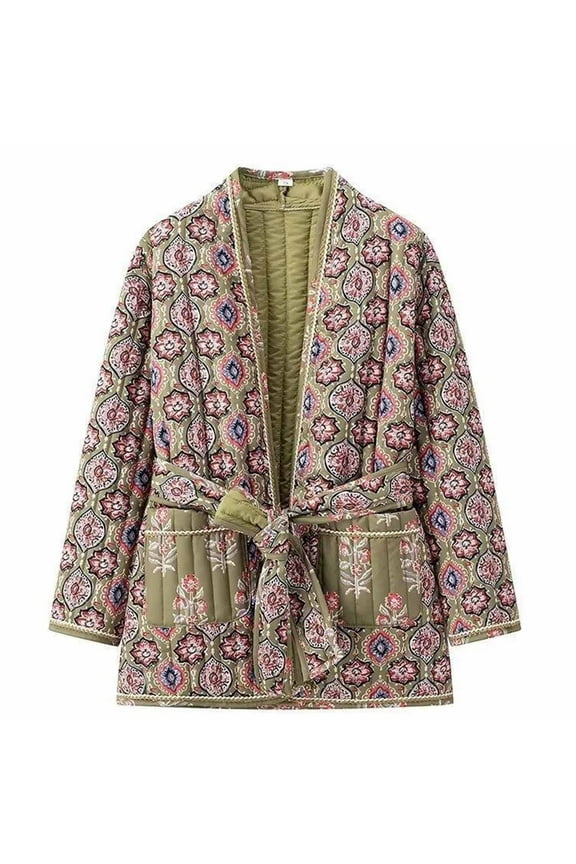 Womens Fall Fashion Quilted Jacket Cardigan Lightweight Floral Print Open Front Padded Puffer Jackets