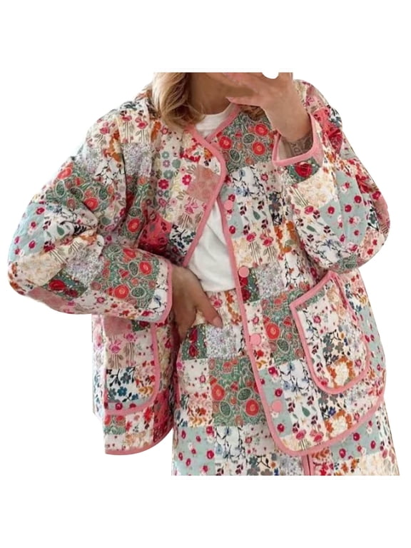Womens Fall Fashion Warm Quilted Jackets for Women Long Sleeve Floral Print Button Down Puffer Jacket Coats with Pockets