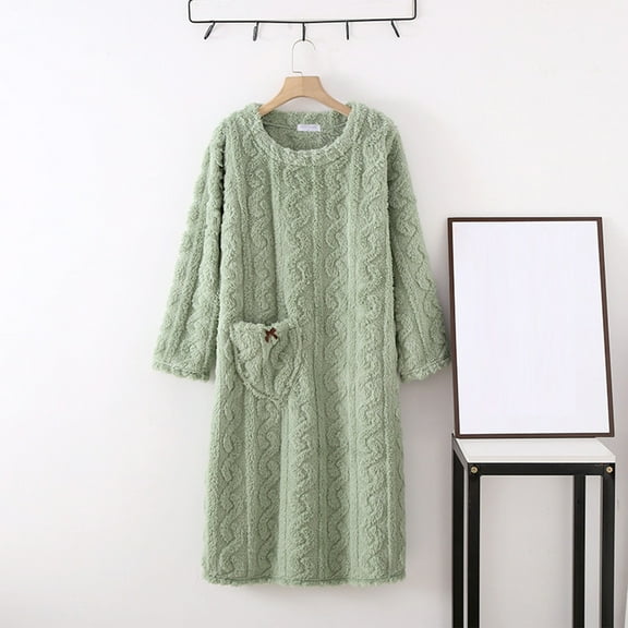 Awdenio Womens Fall Fashion Women Flannel Nightgown Homewear Solid Thickened Long Bathrobe Christmas with Pockets