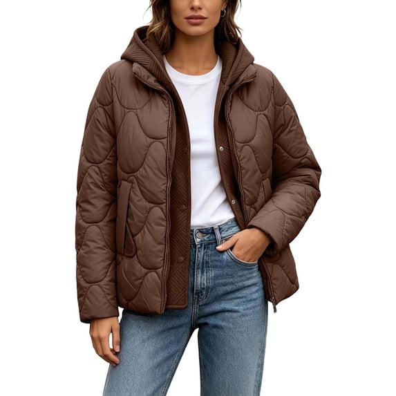 Awdenio Womens Fall Jackets Oversized Lightweight Quilted Hooded Patchwork Fake Two Piece Jacket