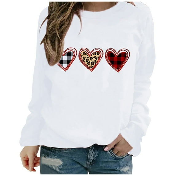 Awdenio Womens Fashion Sweatshirts Ladies Casual Valentine's Day Heart Print Round Neck Casual Blouse Tops