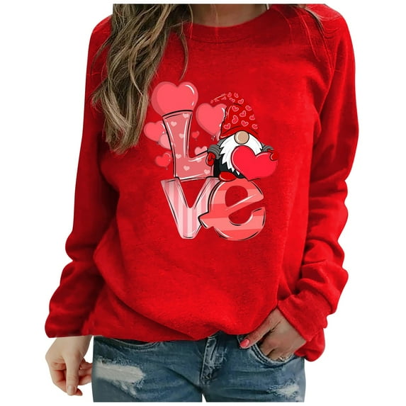 Awdenio Womens Fashion Sweatshirts Ladies Casual Valentine's Day Heart Print Round Neck Casual Blouse Tops
