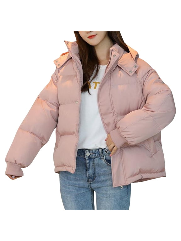 Womens Hooded Quilted Puffer Jacket Short Padded Warm Winter Overcomes Large Collar Bread Coat Outerwear