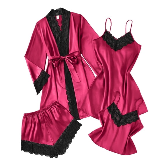 Awdenio Womens Pajamas Set 4 Pcs Silk Pajamas Robes Set Pjs Cami Satin Sleepwear Lace Loungewear