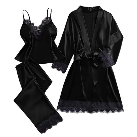 Awdenio Pajamas for Women Set 3 Pcs Silk Pajamas Robes Set Pjs Cami Pant Satin Sleepwear Lace Loungewear
