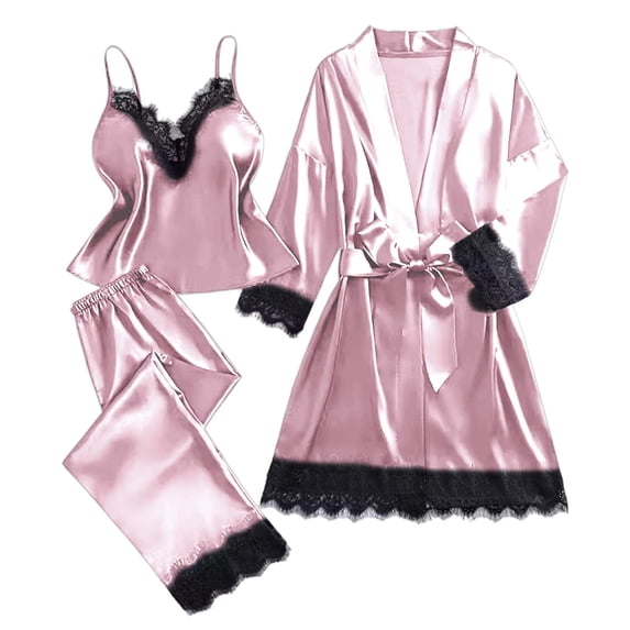 Awdenio Pajamas for Women Set 3 Pcs Silk Pajamas Robes Set Pjs Cami Pant Satin Sleepwear Lace Loungewear
