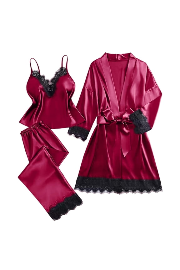 Pajamas for Women Set 3 Pcs Silk Pajamas Robes Set Pjs Cami Pant Satin Sleepwear Lace Loungewear