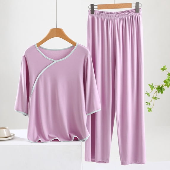 Awdenio Womens Pajamas Sets ,Women's Fashion Round Neck Solid Color Casual Tops Outing Pajama Set Long Pants Sets