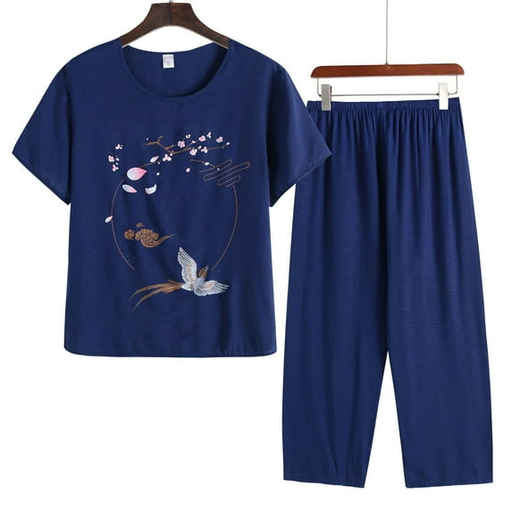 Awdenio Womens Pajamas Sets , Women's Summer Two Piece Set Short Sleeve Round Neck Pajama Set Printed Tops Pants Set