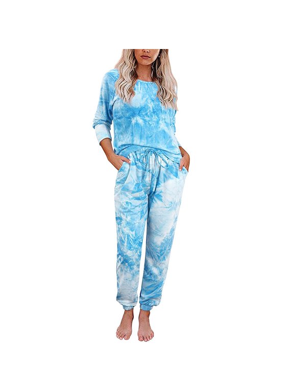 Awdenio Womens Pajamas Tie-Dyed Winter Elegant Home Suit Long Sleeve Trousers Split Pajam
