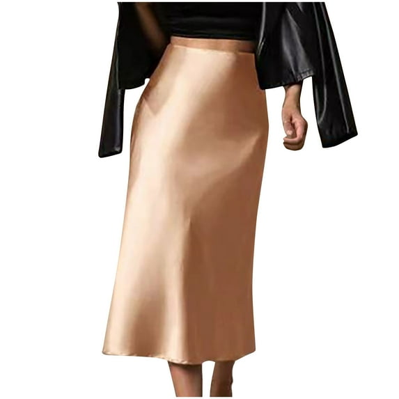 Awdenio Womens Skirts Satin High Waist Hidden Elasticized Waistband Flared Casual A Line Midi Skirt