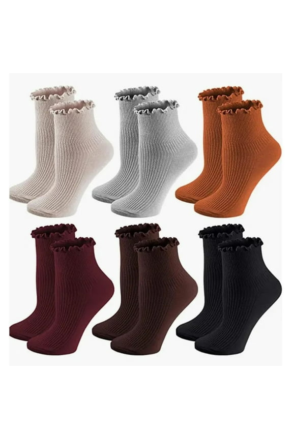 Womens Socks, Ruffle Turn-Cuff Casual Ankle Socks Breathable Cool Knit Cotton Lettuce Crew Frilly Sock 6 Pack