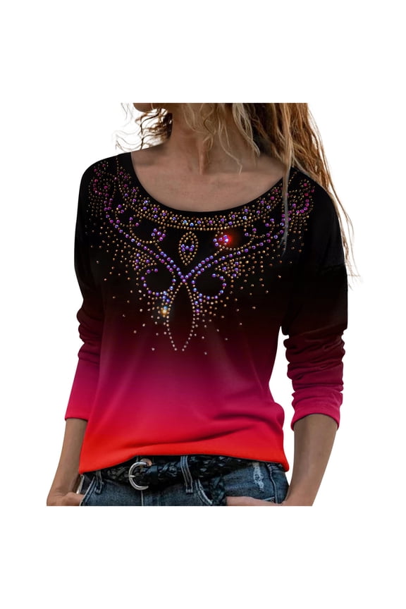 Awdenio Womens Spring Plus Size Tops Fashion Ladies Casual Printing Round Neck Long Sleeve Loose T-Shirt Blouse Pullover Tops