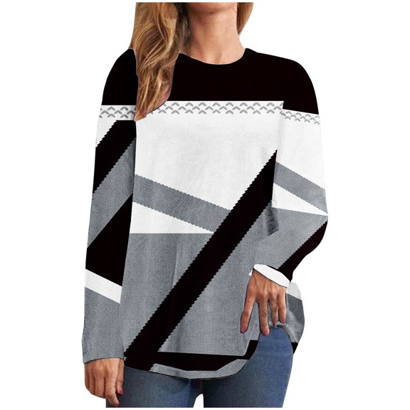Awdenio Womens Spring Plus Size Tops Ladies Geometric Printed Casual Loose Fitting Long Sleeved Round Neck Top/shirt Blouse