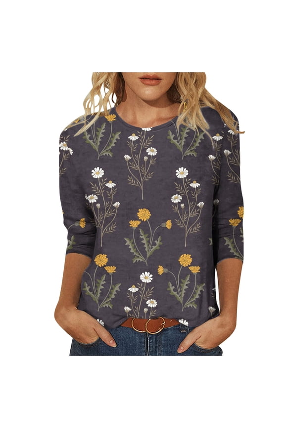 Awdenio Womens Spring Shirts Ladies Fashion Printed Loose T-shirt 3/4 Sleeves Blouse Round Neck Casual Tops