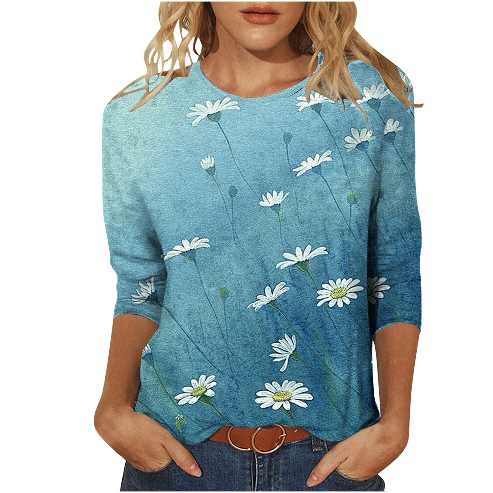 Spring Shrts Awdenio Womens Spring Shirts Ladies Fashion Printed Loose T-shirt 3/4 ...