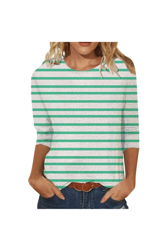 Awdenio Womens Spring Shirts Ladies Fashion Printed T-shirt Mid-length 3/4 Sleeves Blouse Round Neck Casual Girls Tops