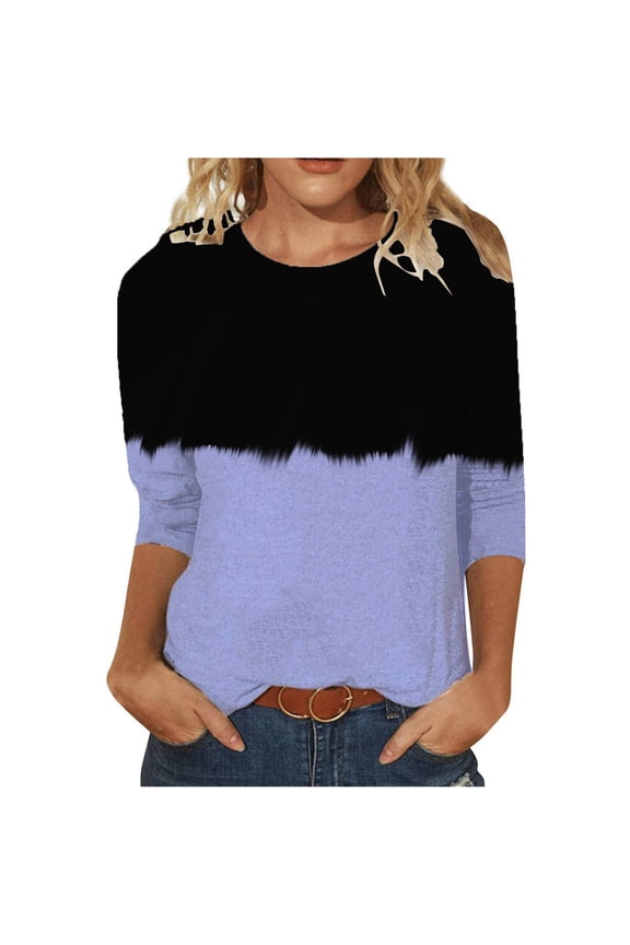 Awdenio Womens Spring Shirts Ladies Fashion Printed T-shirt Mid-length 3/4 Sleeves Blouse Round Neck Casual Tops