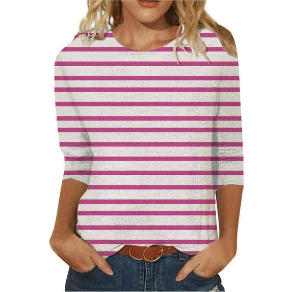 Awdenio Womens Spring Shirts Ladies Fashion Printed T-shirt Mid-length 3/4 Sleeves Blouse Round Neck Casual Tops