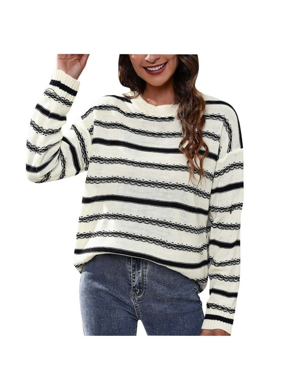 Awdenio Womens Sweaters Clearance, Women's Round- Neck Stripe Splicing Recreational Pullover Knitting Sweater Long Sleeve Tops Discount