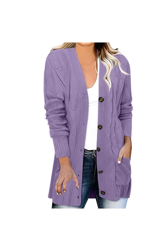 Womens Sweaters , Women's Casual Solid Outfits Chunky Knit Open Front Sweaters Long Sleeve Button Cardigan Outerwear Coats With Pocket