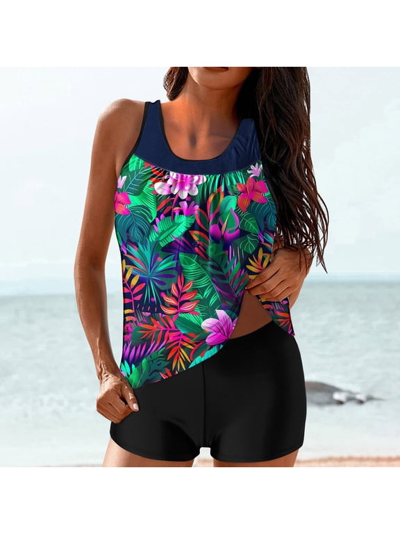 Womens Swimsuits Flowy Swimwear Two Piece Bathing Suits Swim Tank Top with Boyshorts
