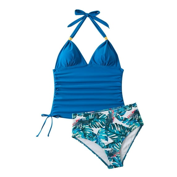 Awdenio Womens Swimsuits, Bathing Suit Solid Color Drawstring Side Halter Neck Tankini Set