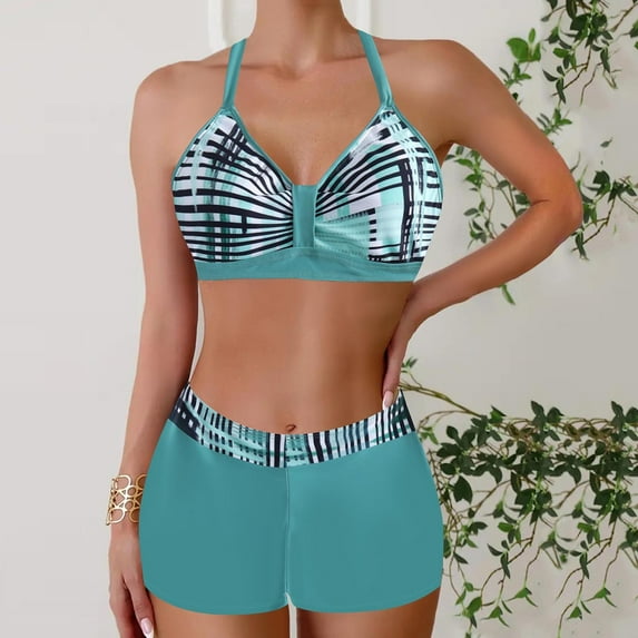 Awdenio Womens Swimsuits Plus Size, Bathing Suit Solid Color Drawstring Side Halter Neck Tankini Set
