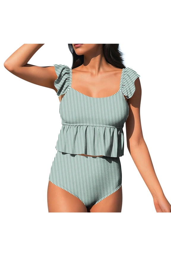 Womens Swimsuits Tankini Two Piece 2026 Square Neck Ruffle Cap Sleeve Bathing Suits Striped Swim Suits