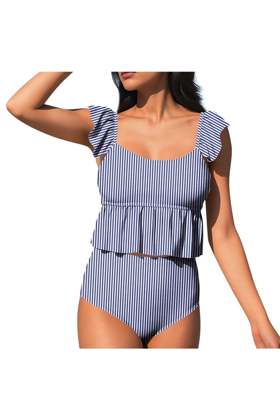 Womens Swimsuits Tankini Two Piece 2026 Square Neck Ruffle Cap Sleeve Bathing Suits Striped Swim Suits