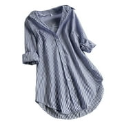 Awdenio Womens Tops Clearance, Women Chic Stripe Long Sleeve Turn-down Collar Button Loose Top Shirts Blouse On Sale