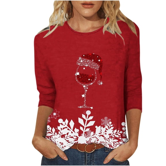 KIHOUT Womens Tops Long Sleeve Fashion Petite Comfortable Round-Neck 3/4 Sleeve Christmas Print Casual T-shirt Blouse