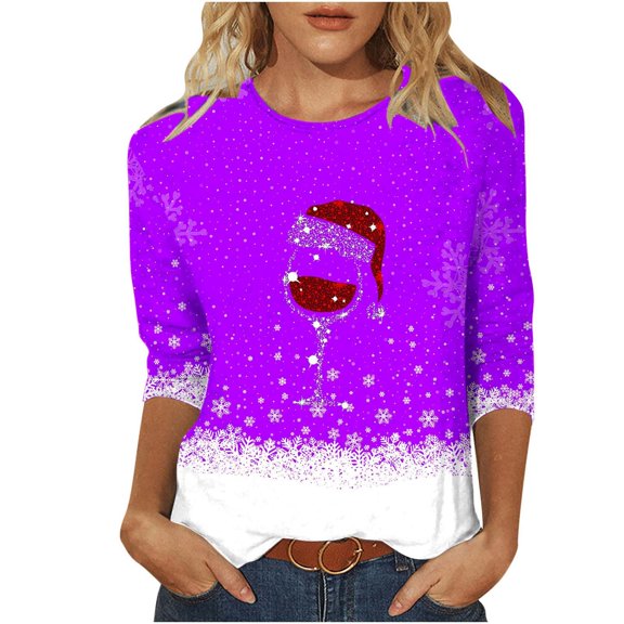 KIHOUT Womens Tops Long Sleeve Fashion Petite Comfortable Round-Neck 3/4 Sleeve Christmas Print Casual T-shirt Blouse