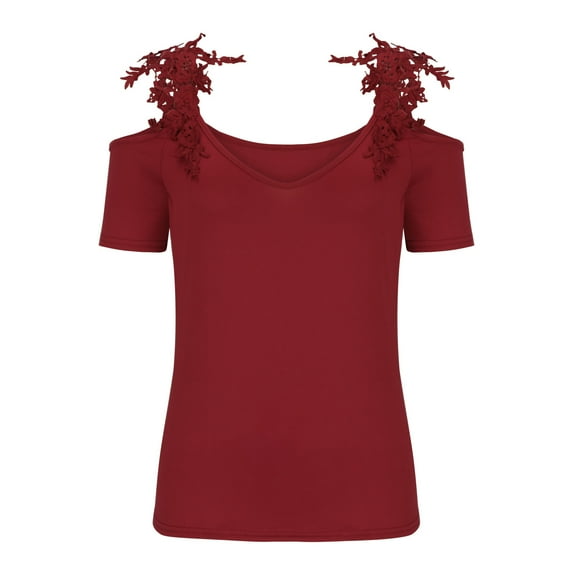 Awdenio Womens Tops Long Sleeve Clearance Fashion Petite Summer V-Neck Short Sleeve Solid Lace Casual T-shirt Blouse