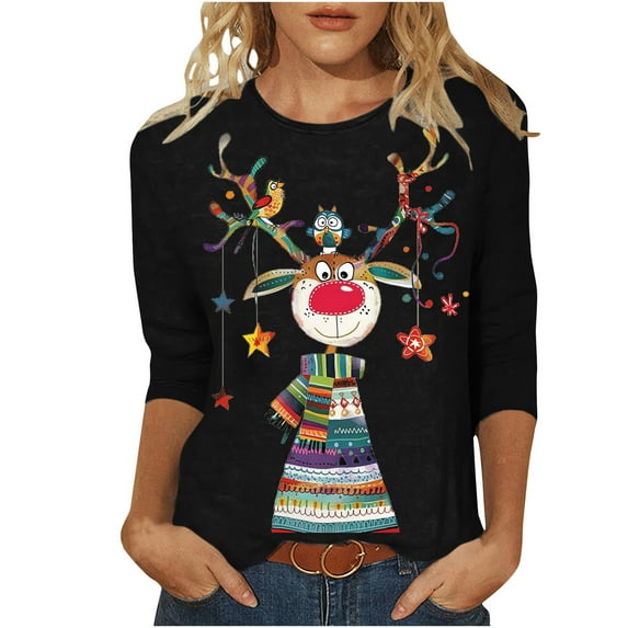 KIHOUT Womens Tops Long Sleeve Juniors Fashion Christmas Printing Loose T-shirt 3/4 Sleeves Blouse Round Neck Casual Tops