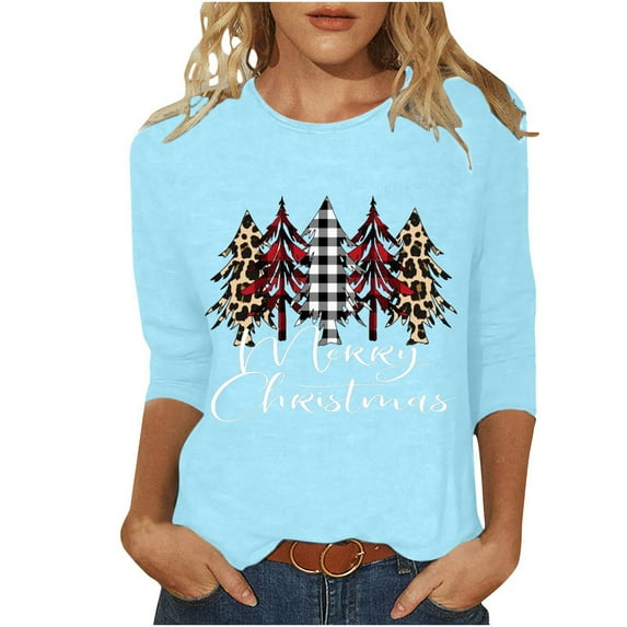KIHOUT Womens Tops Long Sleeve Juniors Fashion Christmas Printing Loose T-shirt 3/4 Sleeves Blouse Round Neck Casual Tops