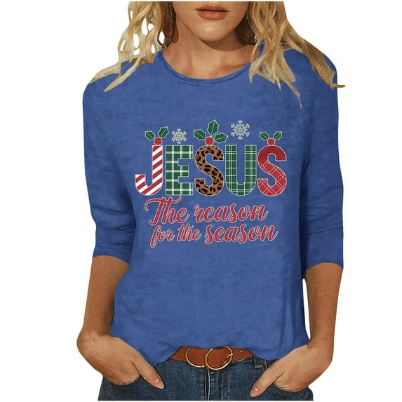 KIHOUT Womens Tops Long Sleeve Juniors Fashion Christmas Printing Loose T-shirt 3/4 Sleeves Blouse Round Neck Casual Tops