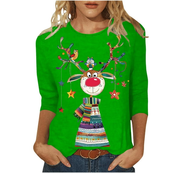 KIHOUT Womens Tops Long Sleeve Juniors Fashion Christmas Printing Loose T-shirt 3/4 Sleeves Blouse Round Neck Casual Tops