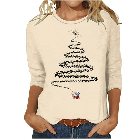 KIHOUT Womens Tops Long Sleeve Juniors Fashion Christmas Printing Loose T-shirt 3/4 Sleeves Blouse Round Neck Casual Tops