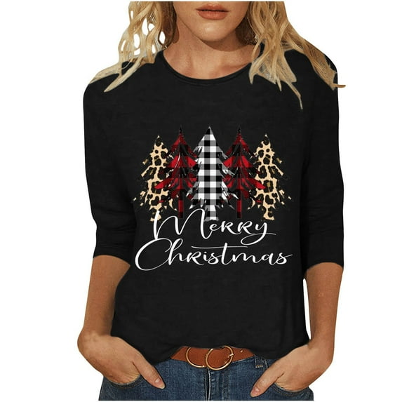 KIHOUT Womens Tops Long Sleeve Juniors Fashion Christmas Printing Loose T-shirt 3/4 Sleeves Blouse Round Neck Casual Tops