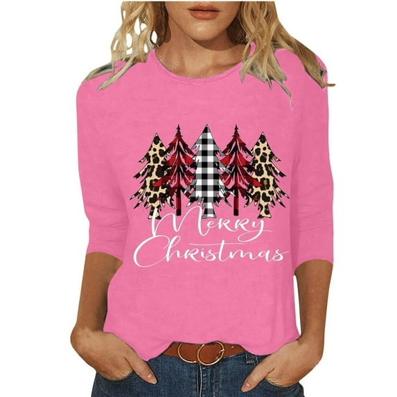 KIHOUT Womens Tops Long Sleeve Juniors Fashion Christmas Printing Loose T-shirt 3/4 Sleeves Blouse Round Neck Casual Tops