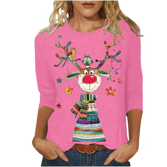 KIHOUT Womens Tops Long Sleeve Juniors Fashion Christmas Printing Loose T-shirt 3/4 Sleeves Blouse Round Neck Casual Tops