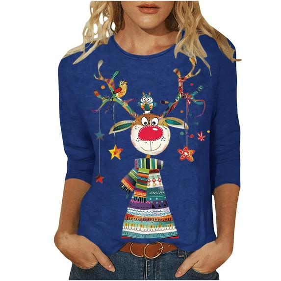 KIHOUT Womens Tops Long Sleeve Juniors Fashion Christmas Printing Loose T-shirt 3/4 Sleeves Blouse Round Neck Casual Tops