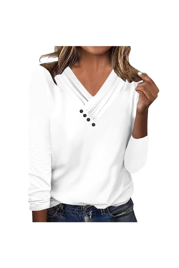 Womens Tops Long Sleeve Petite Long Sleeve Summer V Neck Casual Tops Regular Solid Blouse