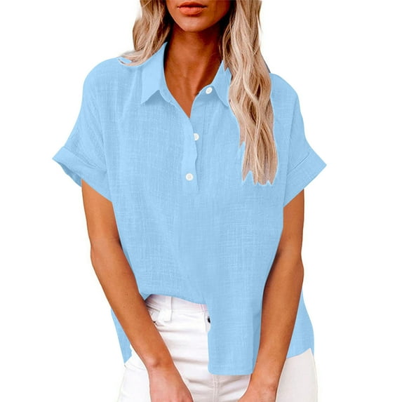 KIHOUT Womens Tops Long Sleeve Summer Petite V-Neck Long Sleeve Loose Button Cotton And Linen T-shirt Blouse