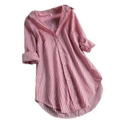 AWDENIO Womens Tops , Women Chic Stripe Long Sleeve Turn-down Collar Button Loose Top Shirts Blouse On