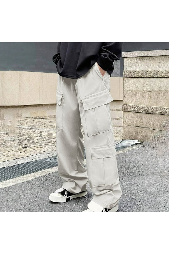 Work Pants for Men Drawstring Elastic Waist Flap Pockets Streetwear Baggy Cargo Pants Joggers Hiking Trousers,Size L