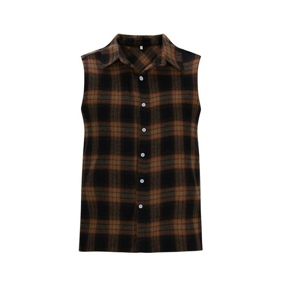 Awdenio Workout Tank Tops Men Casual Fashion Solid Turn-down Collar Plaid snap Shirt Sleeveless with Pocket