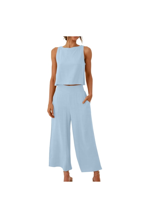 jumpsuits for Women Dressy 2 Piece Outfits Set Round neck Sleeveless Tank Crop Top Wide Leg pants Set Pockets Jumpsuits